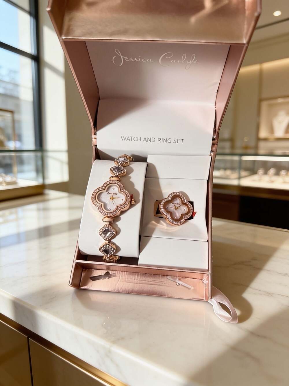 Jessica Carlyle Rose Gold Tone Four-Leaf Clover Watch and Ring Set